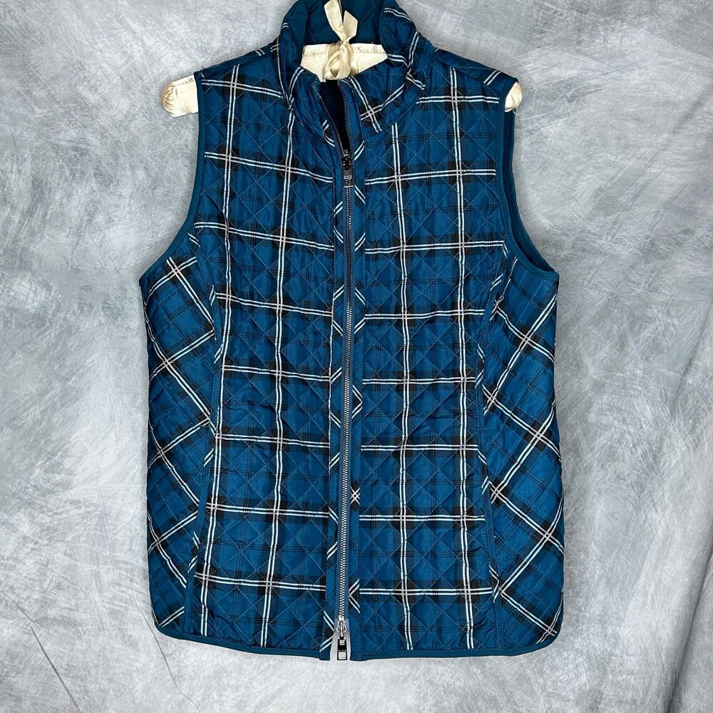 Chico's Women Reversable SZ 1 Vest Tartan Plaid Quilted Pockets Full Zip Teal